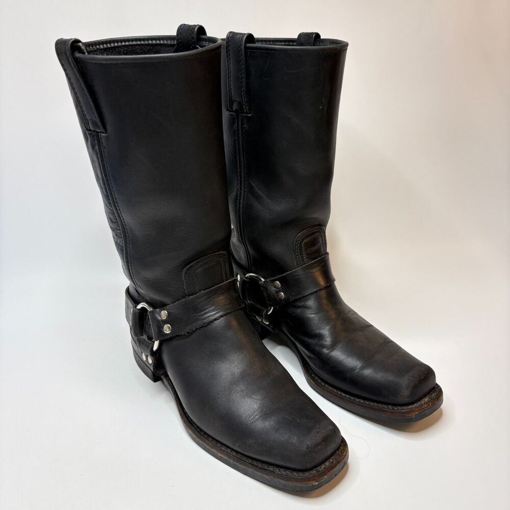 FRYE Harness 12R Black Moto Rugged Oil Leather Square Toe Boots Womens Size 9